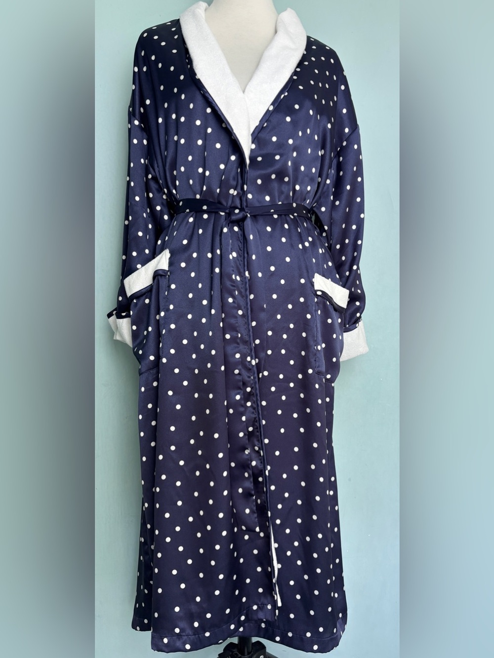 Victoria’s Secret Mid Calf Robe Navy White Polka Dots Satin Terry Cloth M/L
